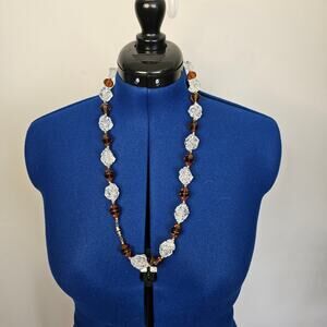Vintage Long Glass Bead Necklace – Clear Crackle & Amber Faceted Statement, 39”